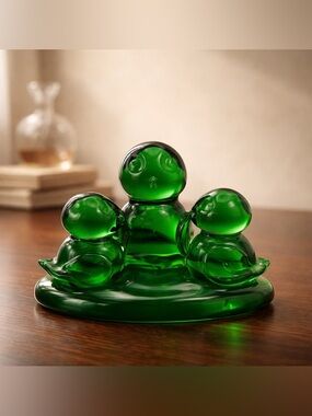 Vintage Green Glass Duck Trio Decorative  Sculpture